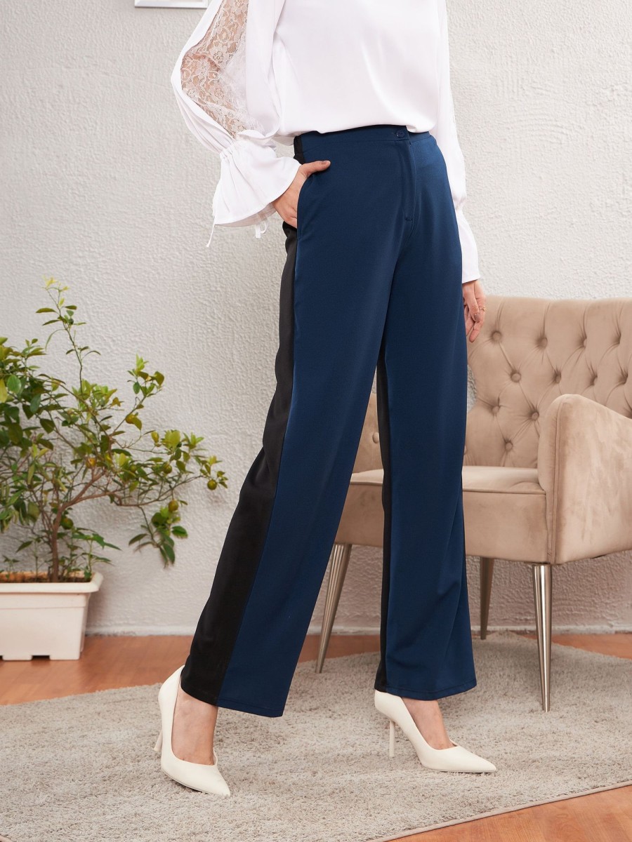 Women SASSAFRAS | Women'S U0026 Black Color Block Straight Pants - Sassafras Blue