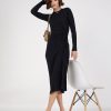 Women Lyush | Women'S Black Rib Side Ruched Bodycon Midi Dress - Lyush