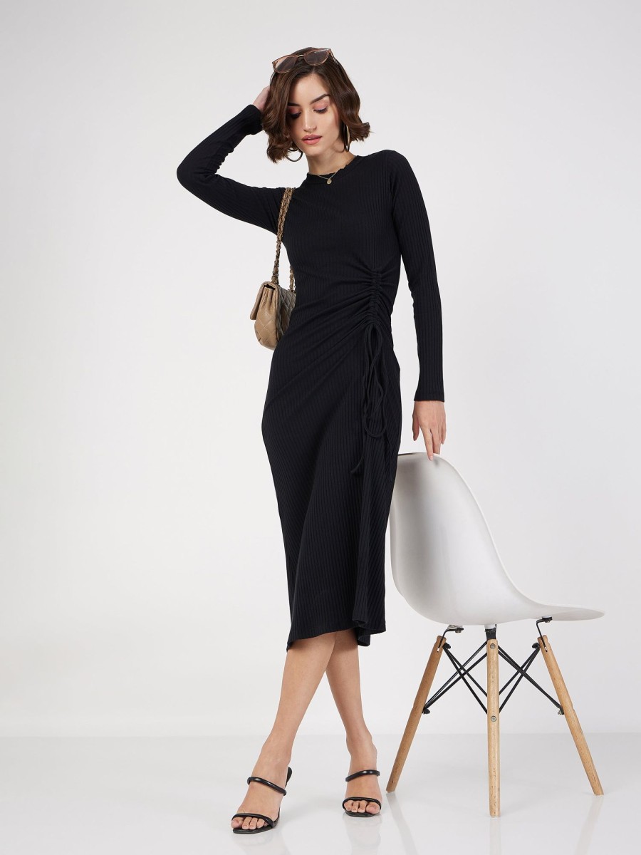 Women Lyush | Women'S Black Rib Side Ruched Bodycon Midi Dress - Lyush