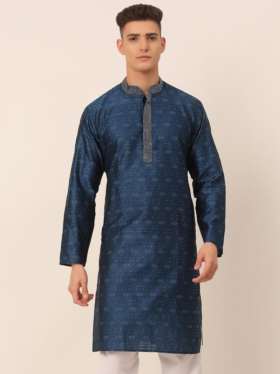 Men Virat Fashions | Men'S Silk Blend Collar Embroidered Kurta Only ( Ko 662 Peacock ) - Virat Fashions