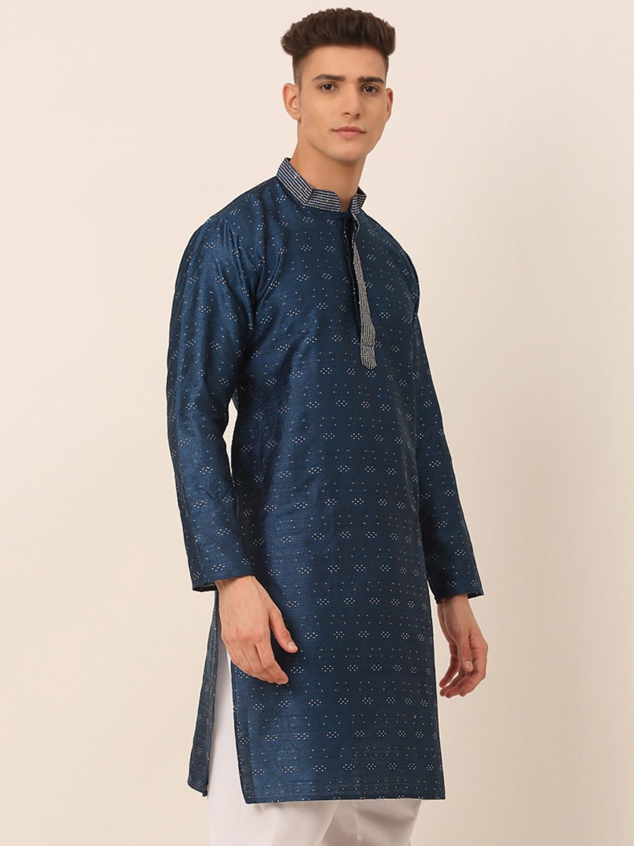 Men Virat Fashions | Men'S Silk Blend Collar Embroidered Kurta Only ( Ko 662 Peacock ) - Virat Fashions