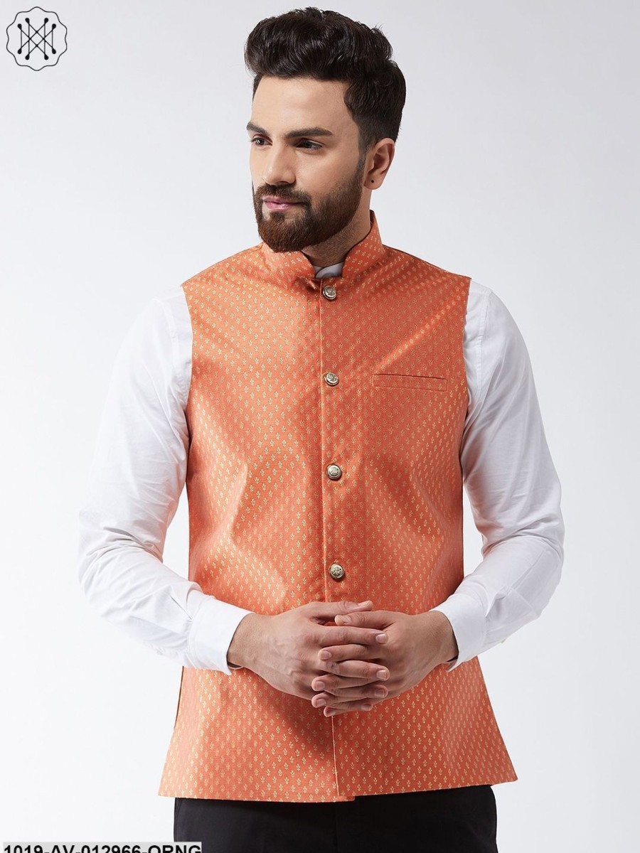 Men Sojanya | Men'S Silk Blend Orange U0026 Gold Self Design Nehru Jacket - Sojanya