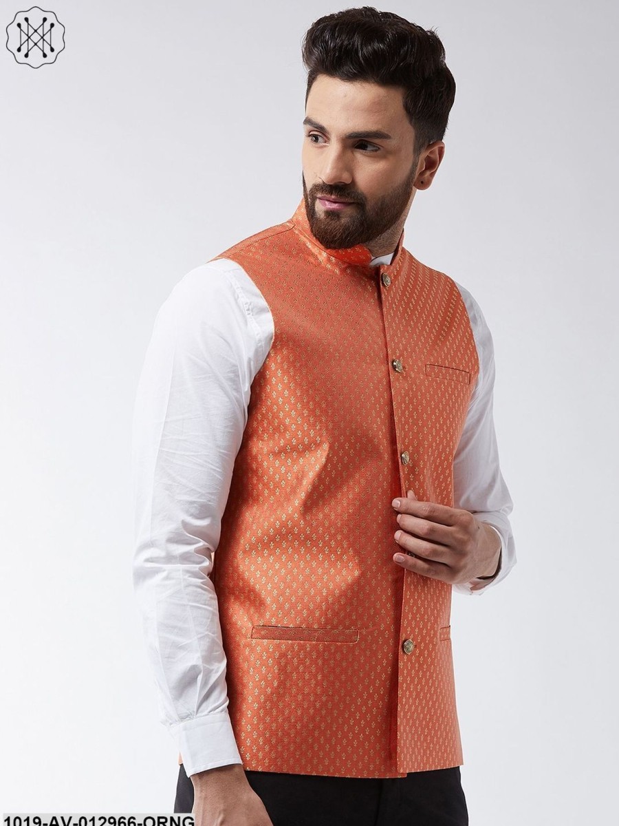 Men Sojanya | Men'S Silk Blend Orange U0026 Gold Self Design Nehru Jacket - Sojanya