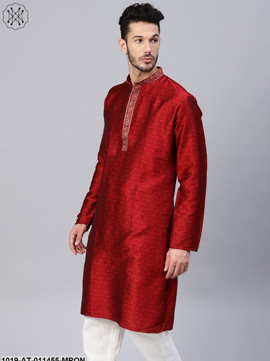 Men Sojanya | Men'S Silk Blend Maroon Self Design Only Long Kurta - Sojanya