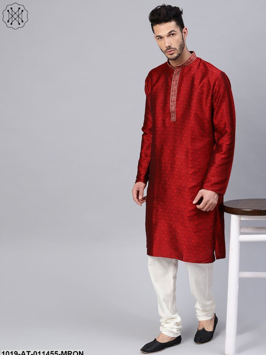 Men Sojanya | Men'S Silk Blend Maroon Self Design Only Long Kurta - Sojanya