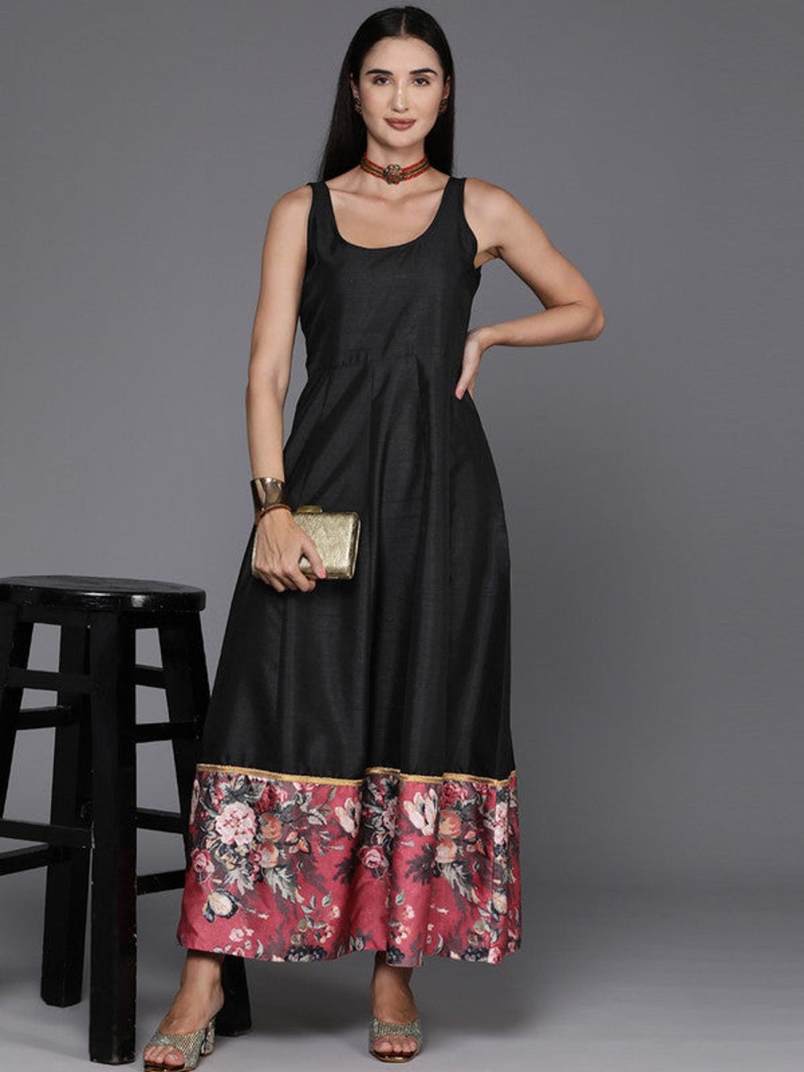 Women Ahalyaa | Women'S Floral Print A-Line Maxi Dress - Ahalyaa Black