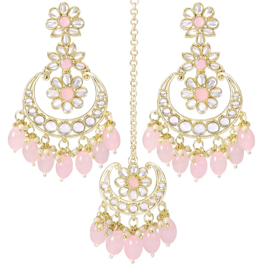 Jewellery I Jewels | Women'S Traditional Handcrafted Kundan Adorned With Pearls Earrings With Maang Tikka Set - I Jewels Pink