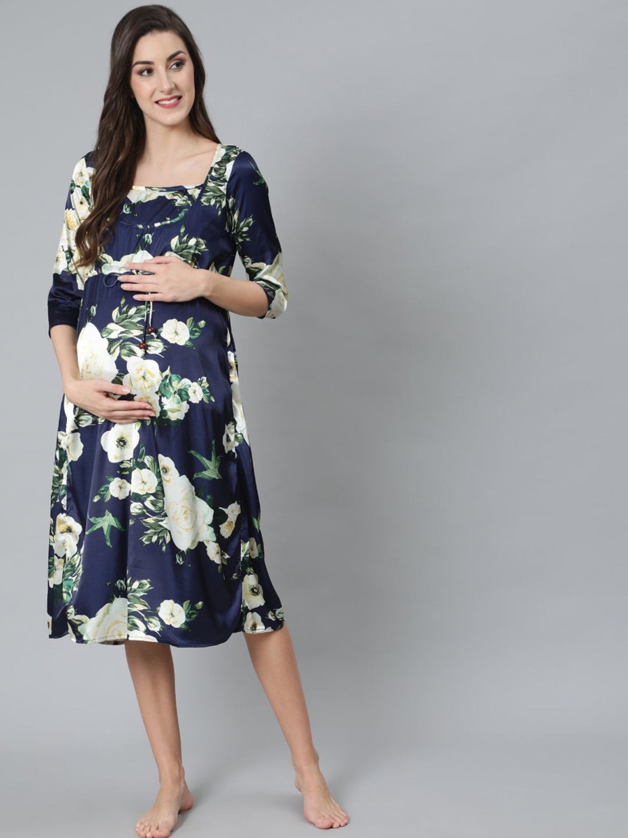 Women AKS | Women'S Navy Floral Print Maternity Dress - Aks Blue