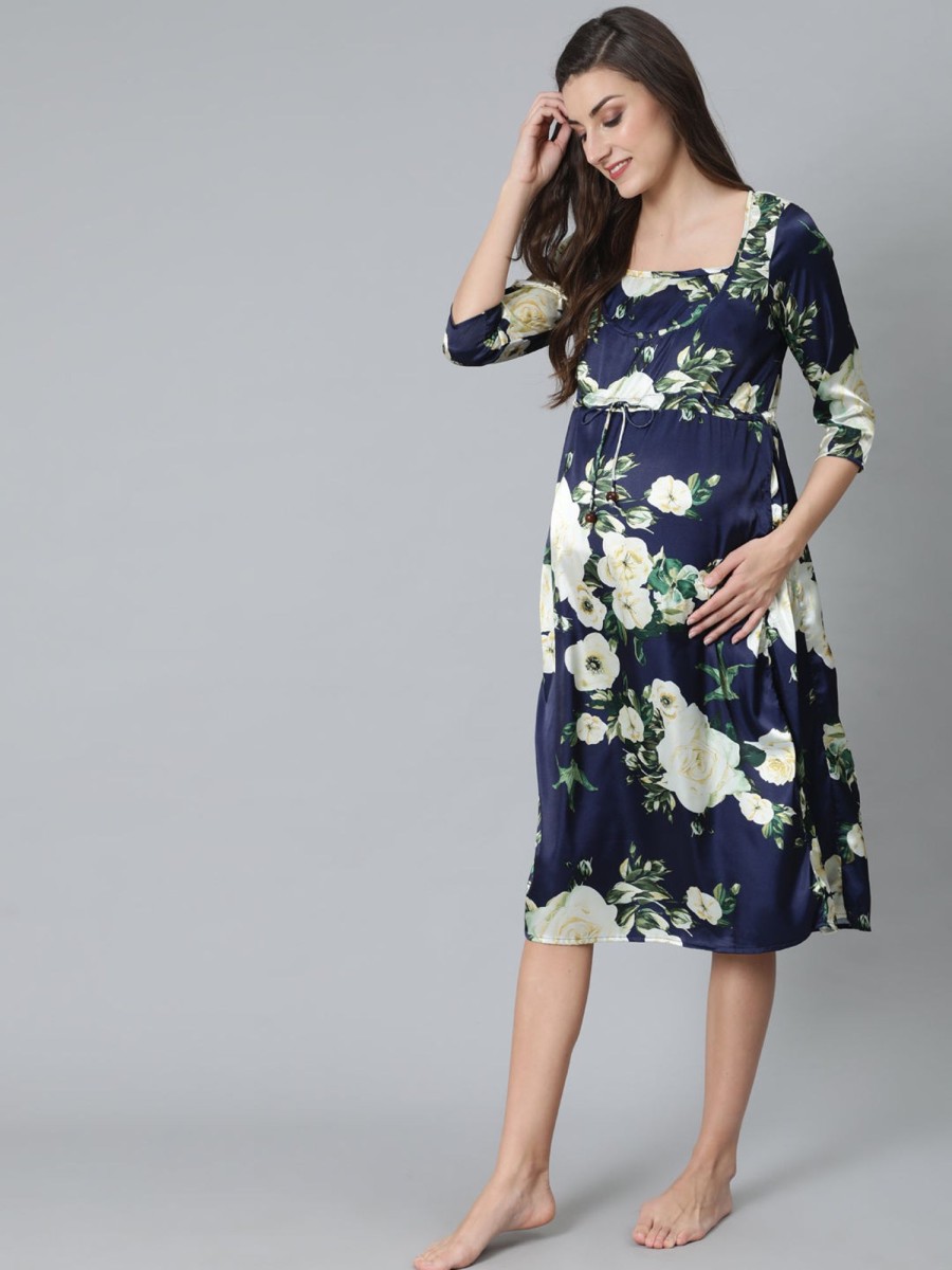 Women AKS | Women'S Navy Floral Print Maternity Dress - Aks Blue