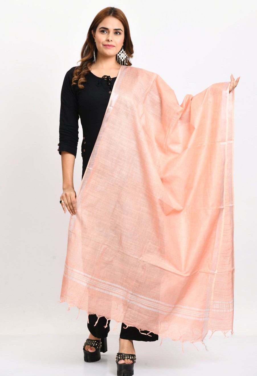 Women Moeza | Women'S Linen Cotton Silver Border Dupatta - Moeza Peach