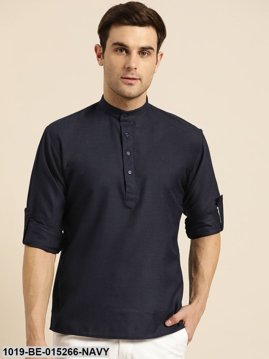 Men Sojanya | Men'S Cotton Navy Blue Solid Short Kurta - Sojanya