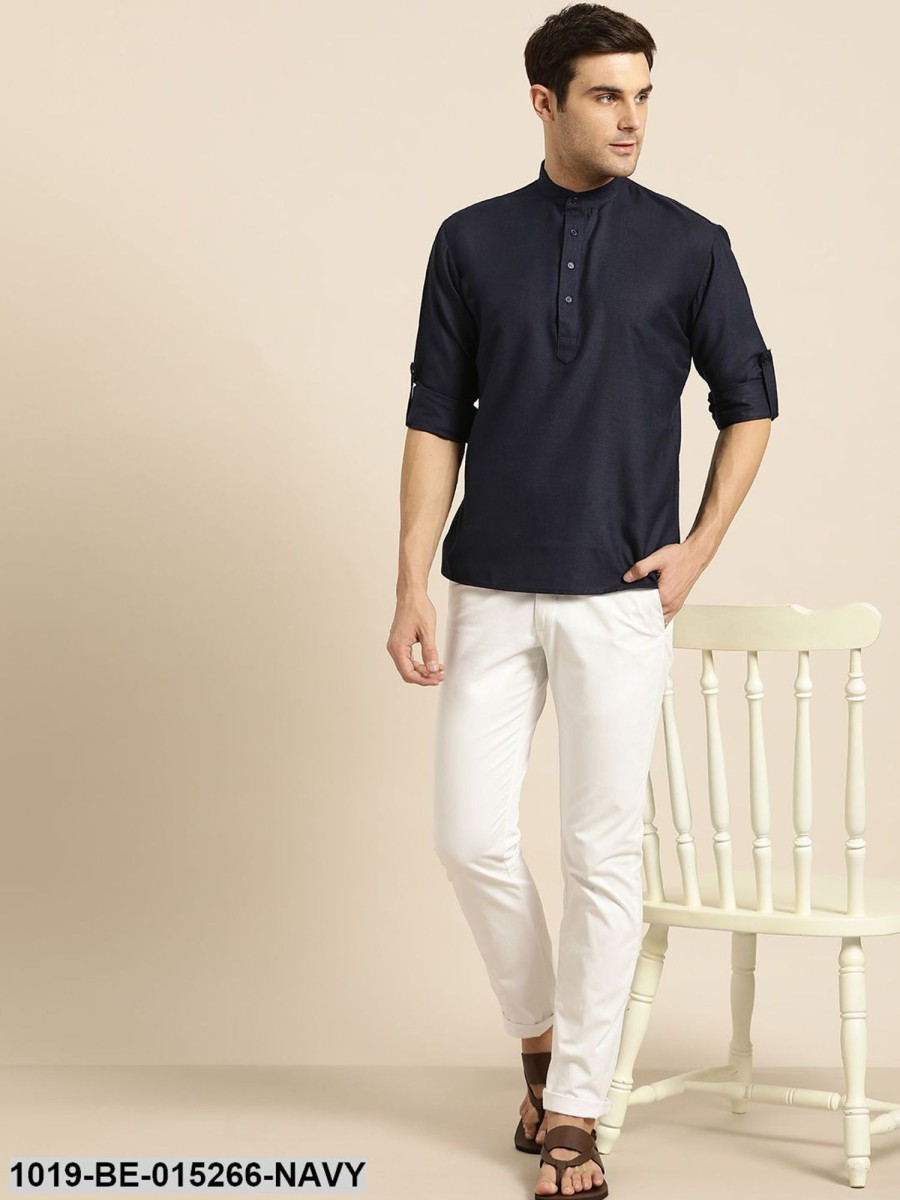 Men Sojanya | Men'S Cotton Navy Blue Solid Short Kurta - Sojanya