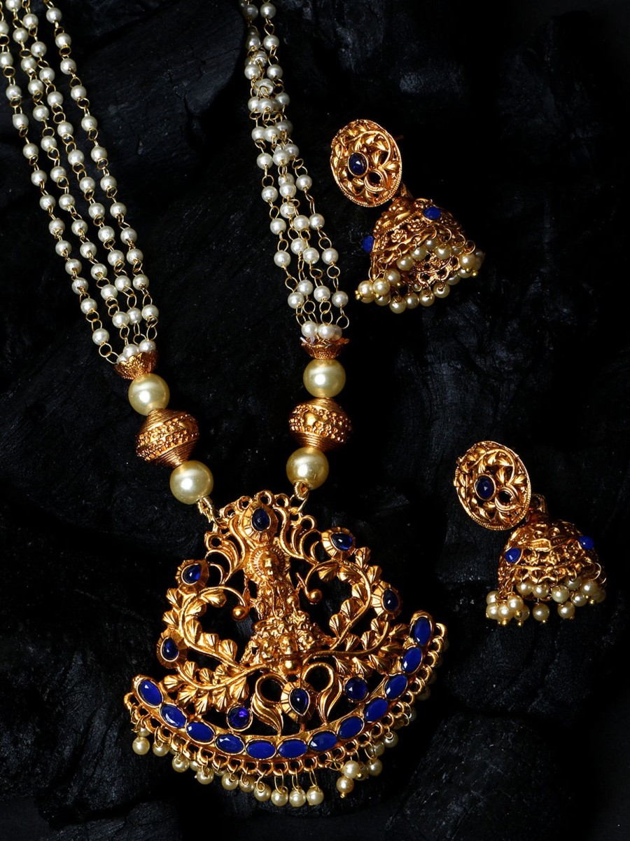 Jewellery Anikas Creation | Antique Matte Gold Finish Blue Stone Studded Temple Jewellery Set - Anikas Creation Multicolor