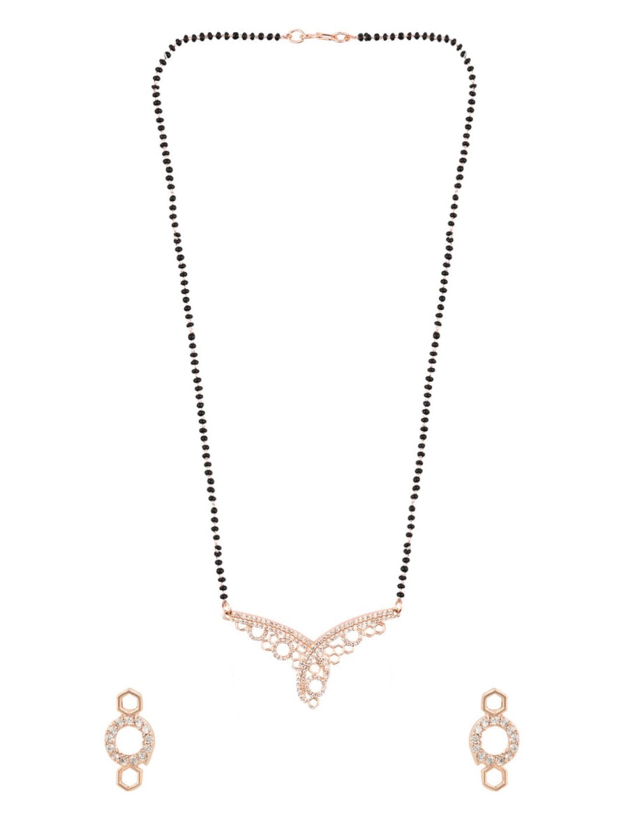 Jewellery I Jewels | Women'S 18K Plated Traditional Single Line American Diamond Pendant With Black Bead Chain Mangalsutra - I Jewels Rose Gold