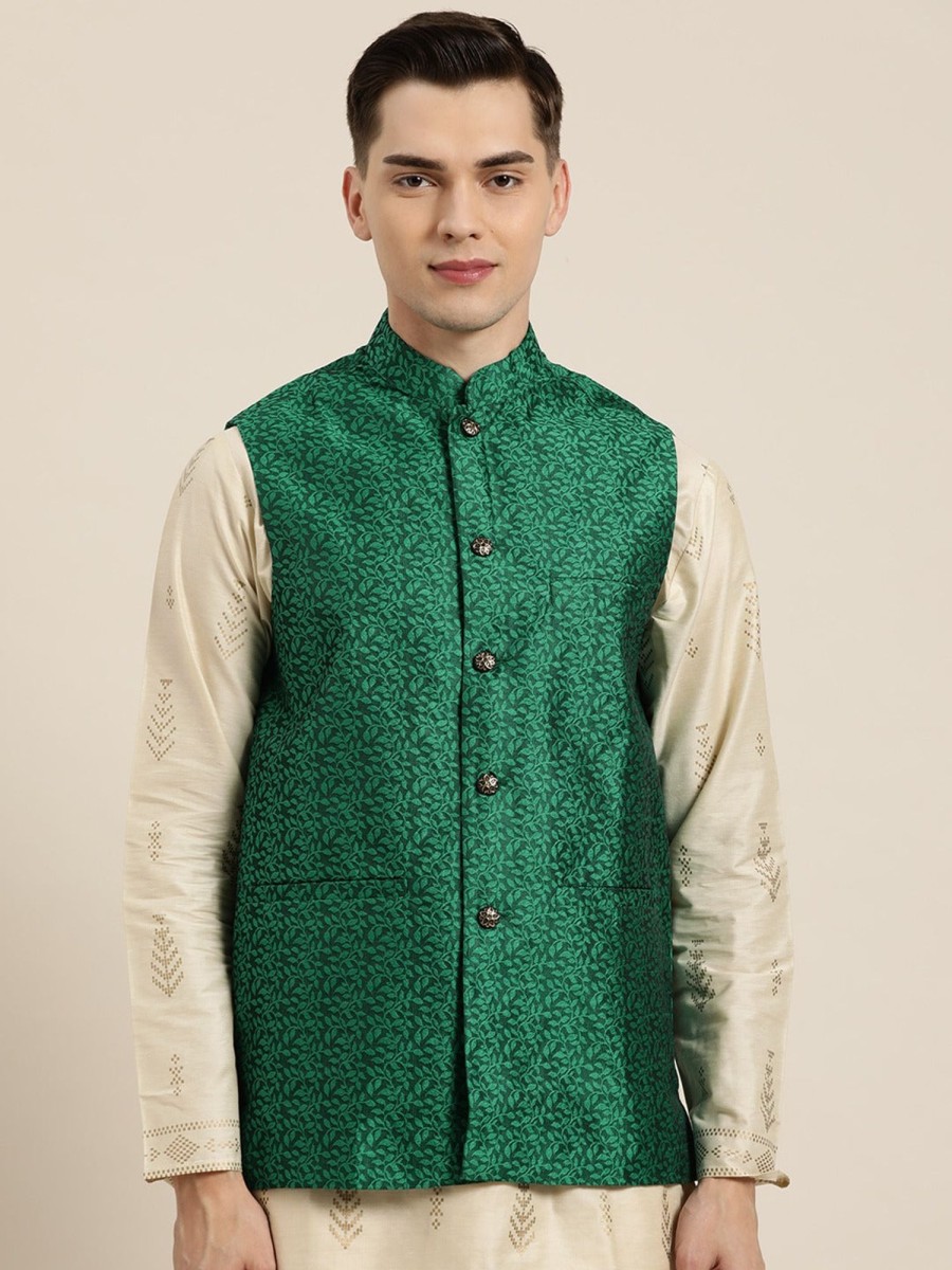 Men Sojanya | Men'S Jacquard Silk Dark Self Design Only Nehrujacket - Sojanya Green