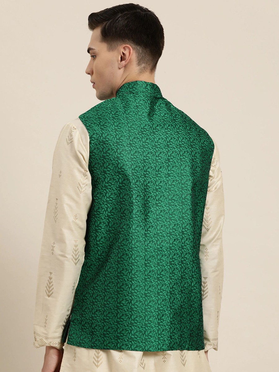 Men Sojanya | Men'S Jacquard Silk Dark Self Design Only Nehrujacket - Sojanya Green