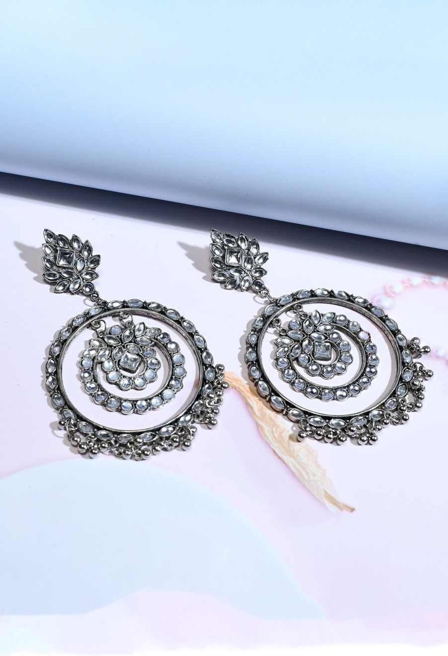 Jewellery Tehzeeb | Women'S Silver Colour Earrings With Kundan And Three Circle Design - Tehzeeb