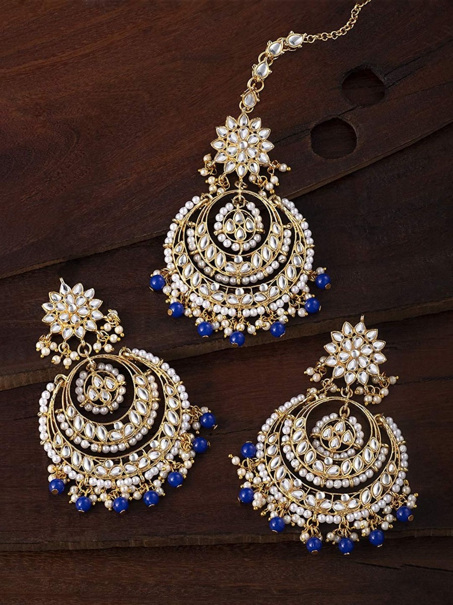 Jewellery I Jewels | Women'S Traditional Gold Plated Chandbali Kundan U0026 Pearl Earring Set With Maang Tikka - I Jewels