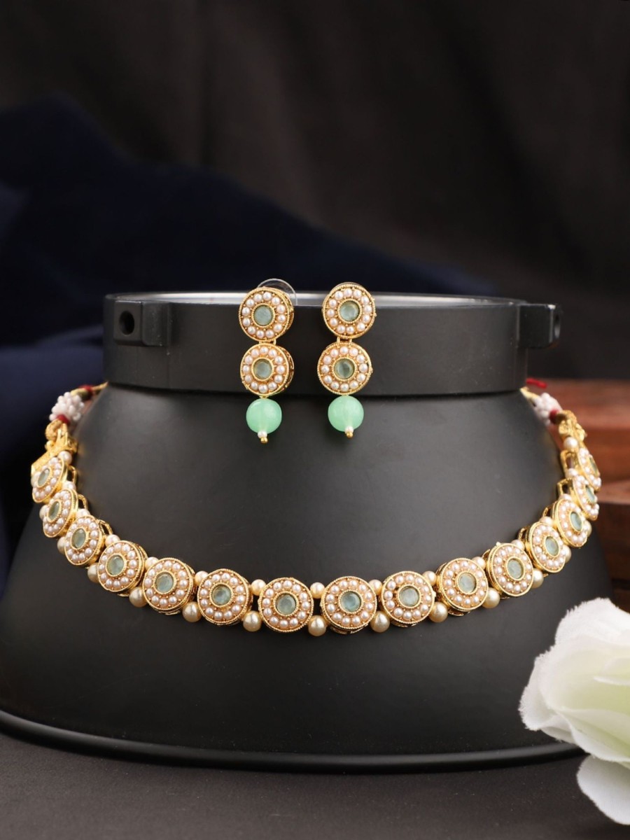 Jewellery Anikas Creation | Traditional Gold Plated Kundan Sea Green Choker With Earring Set - Anikas Creation Multicolor