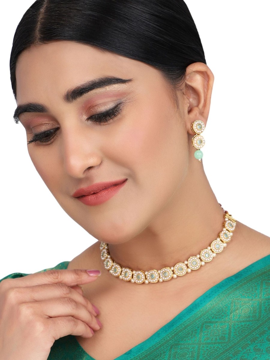 Jewellery Anikas Creation | Traditional Gold Plated Kundan Sea Green Choker With Earring Set - Anikas Creation Multicolor