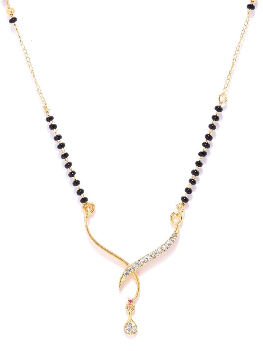 Jewellery Priyaasi | Women'S Gold-Plated Ad, American Diamond Studded Black Beaded Chain Mangalsutra - Priyaasi