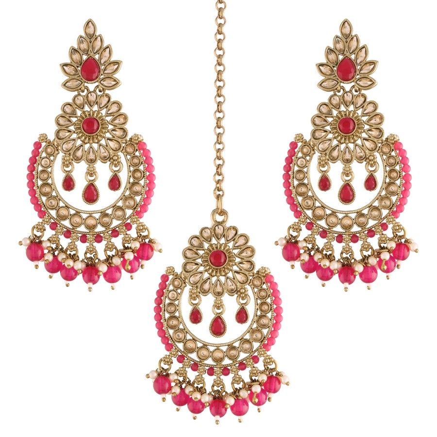 Jewellery I Jewels | Women'S 18K Gold Plated Handcrafted Earrings With Maang Tikka Encased With Faux Kundan U0026 Pearl - I Jewels