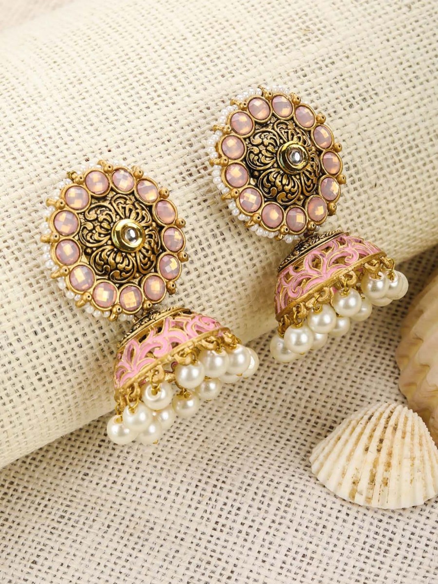 Jewellery Priyaasi | Women'S Pink White Beads Kundan Gold Plated Jhumka Earring - Priyaasi