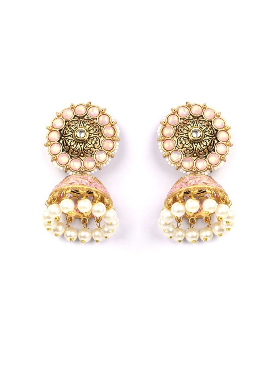 Jewellery Priyaasi | Women'S Pink White Beads Kundan Gold Plated Jhumka Earring - Priyaasi