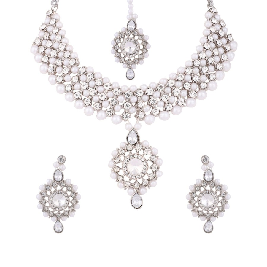 Jewellery Zaffre Collections | Women'S Twinkle Elegant Party Wear Jewellery Set With Maang Tikka - Zaffre Collections Silver