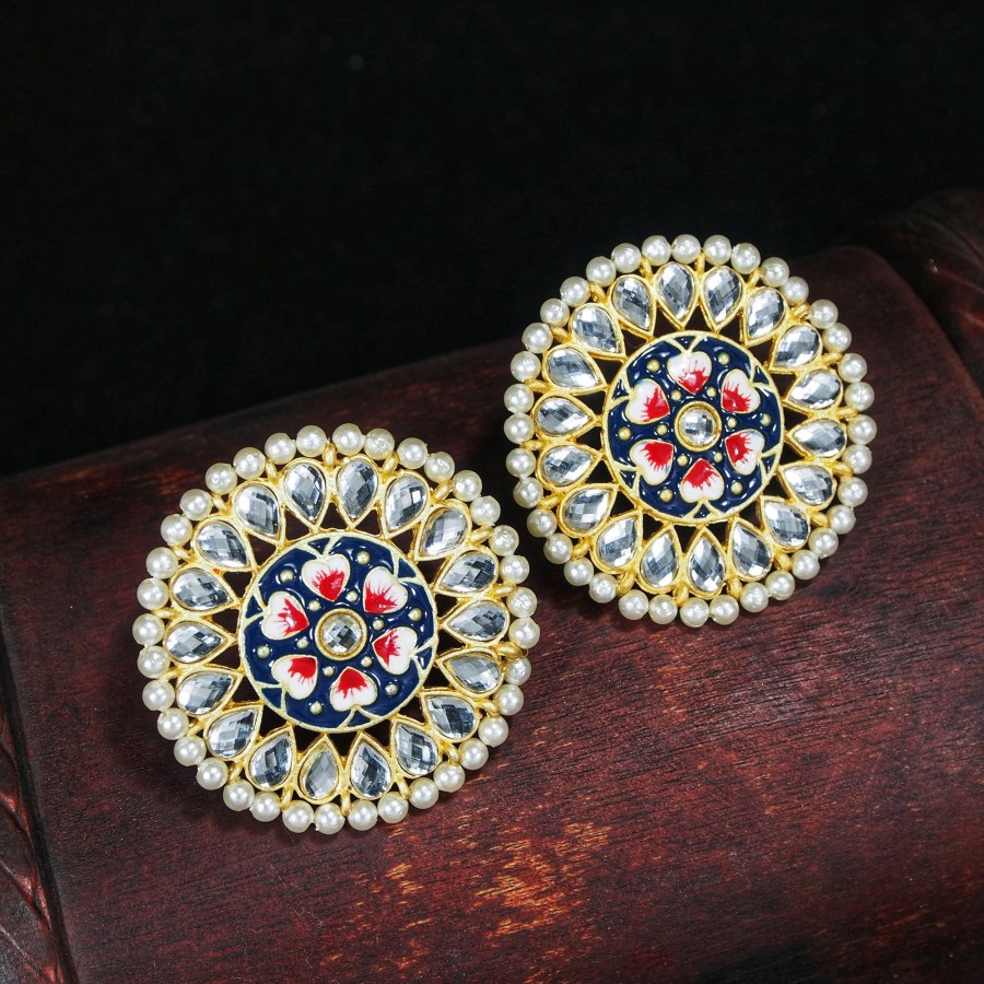 Jewellery I Jewels | Women'S Gold Plated Round Kundan Pearl Meena Work Handcraft Stud Earring - I Jewels Blue