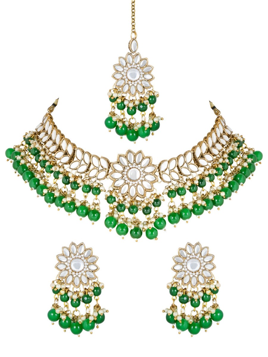 Jewellery I Jewels | Women'S 18K Gold Plated Traditional Kundan Studded Pearl Hanging Choker Necklace Jewellery Set With Earrings U0026 Maang Tikka - I Jewels Green