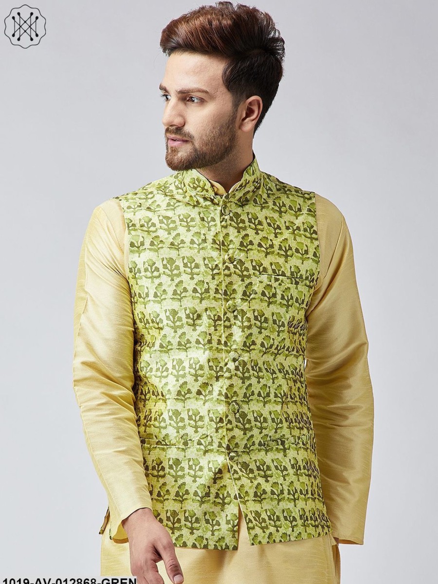 Men Sojanya | Men'S Lime Green Printed Nehru Jacket - Sojanya