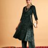 Women Lyush | Women'S Emerald Velvet Embroidered Pocket Anarkali Dress - Lyush