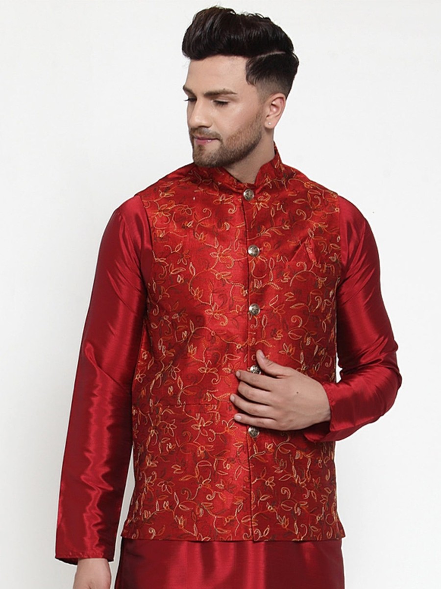 Men Virat Fashions | Men'S Maroon Embroidered Nehru Jacket ( Jowc 4013Maroon ) - Virat Fashions