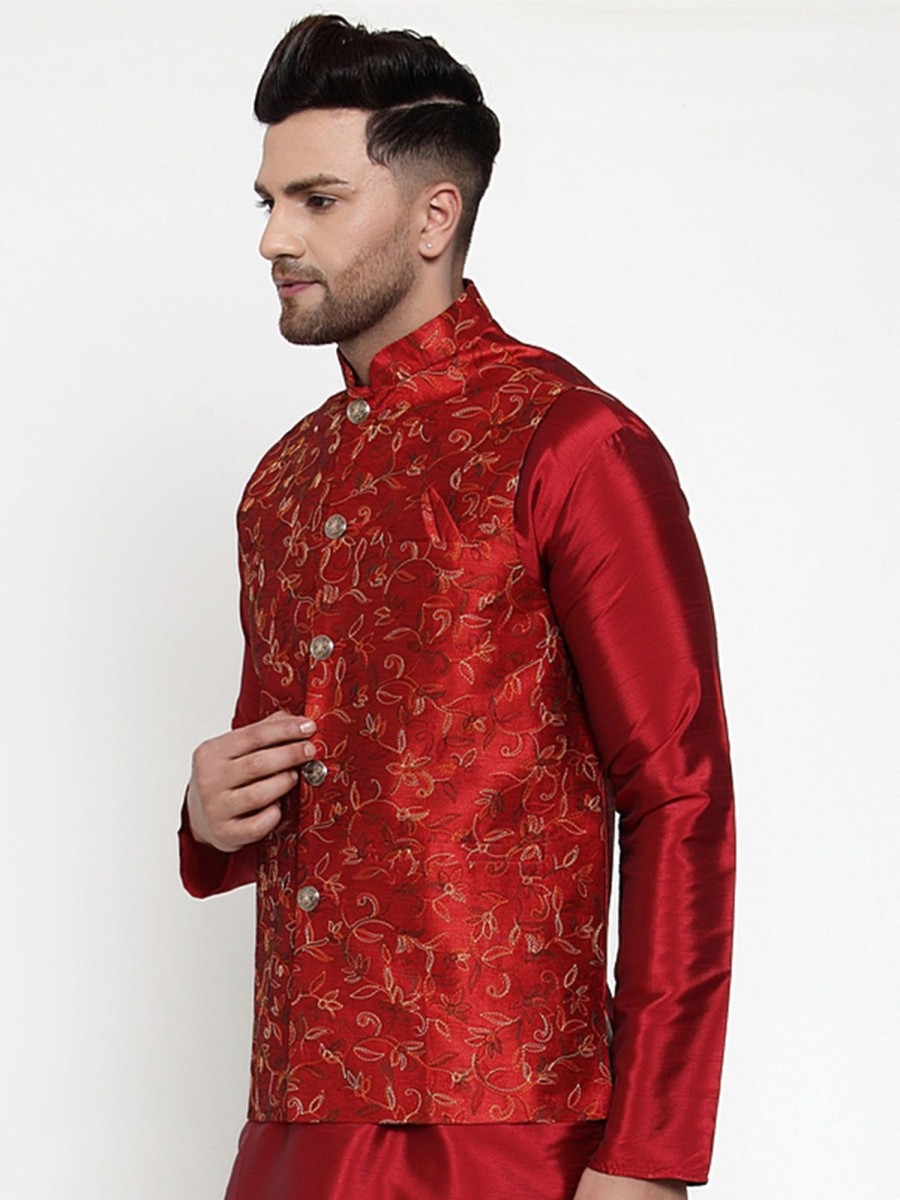 Men Virat Fashions | Men'S Maroon Embroidered Nehru Jacket ( Jowc 4013Maroon ) - Virat Fashions