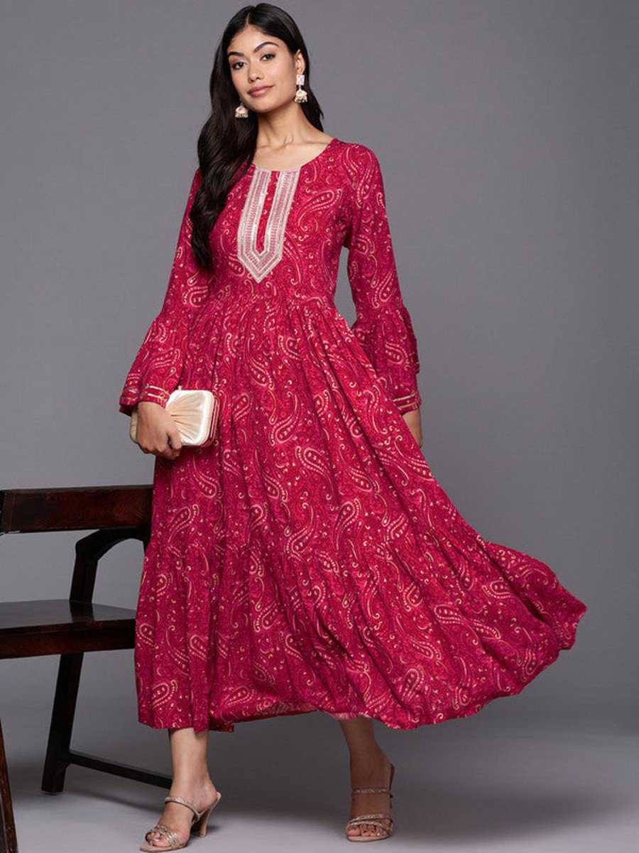 Women Ahalyaa | Women'S Ethnic Motifs Print Bell Sleeve A-Line Midi Dress - Ahalyaa Red