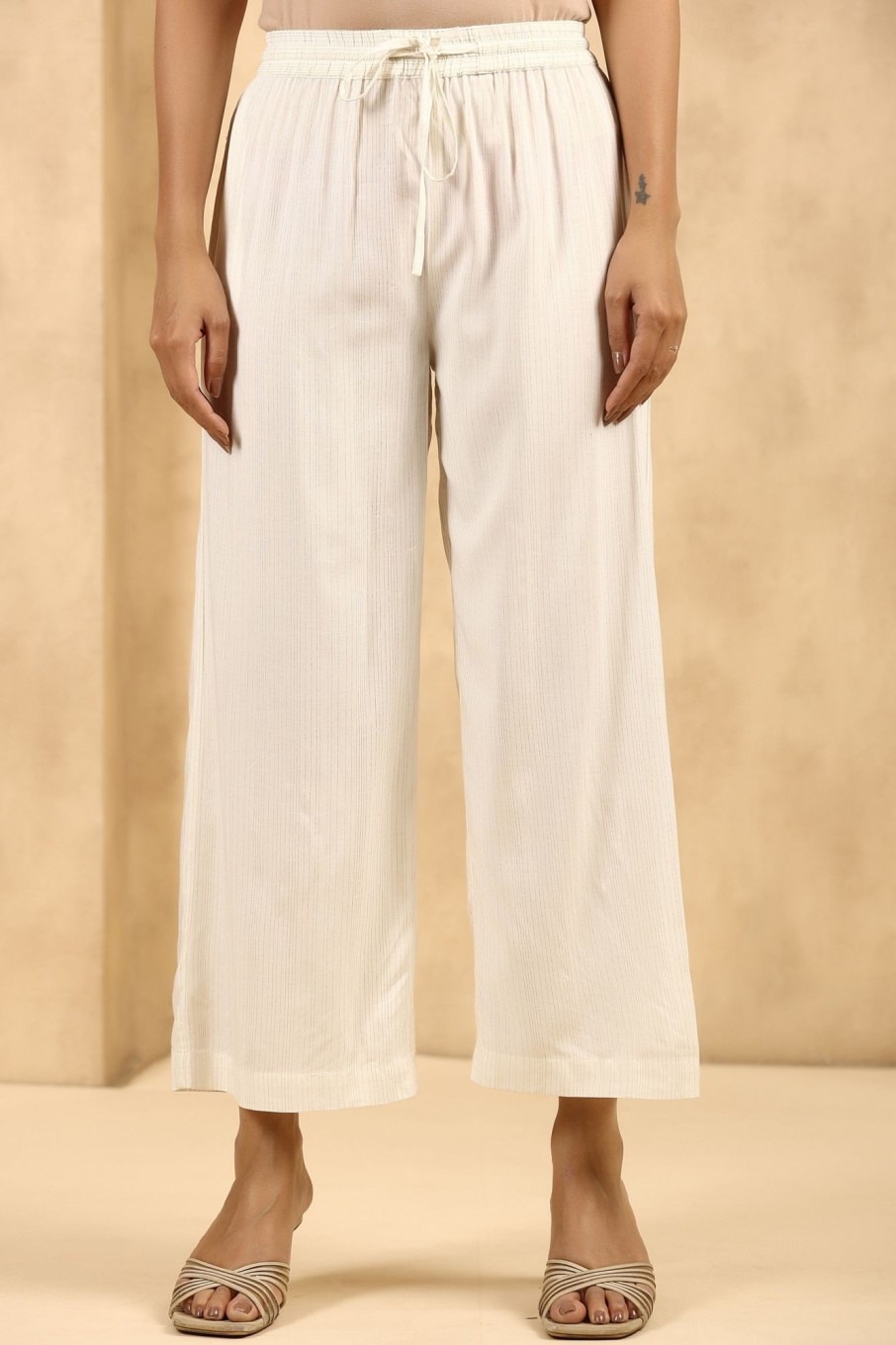 Women Juniper | Women'S Off-White Rayon Gold Printed Wide Leg Palazzo - Juniper Off White