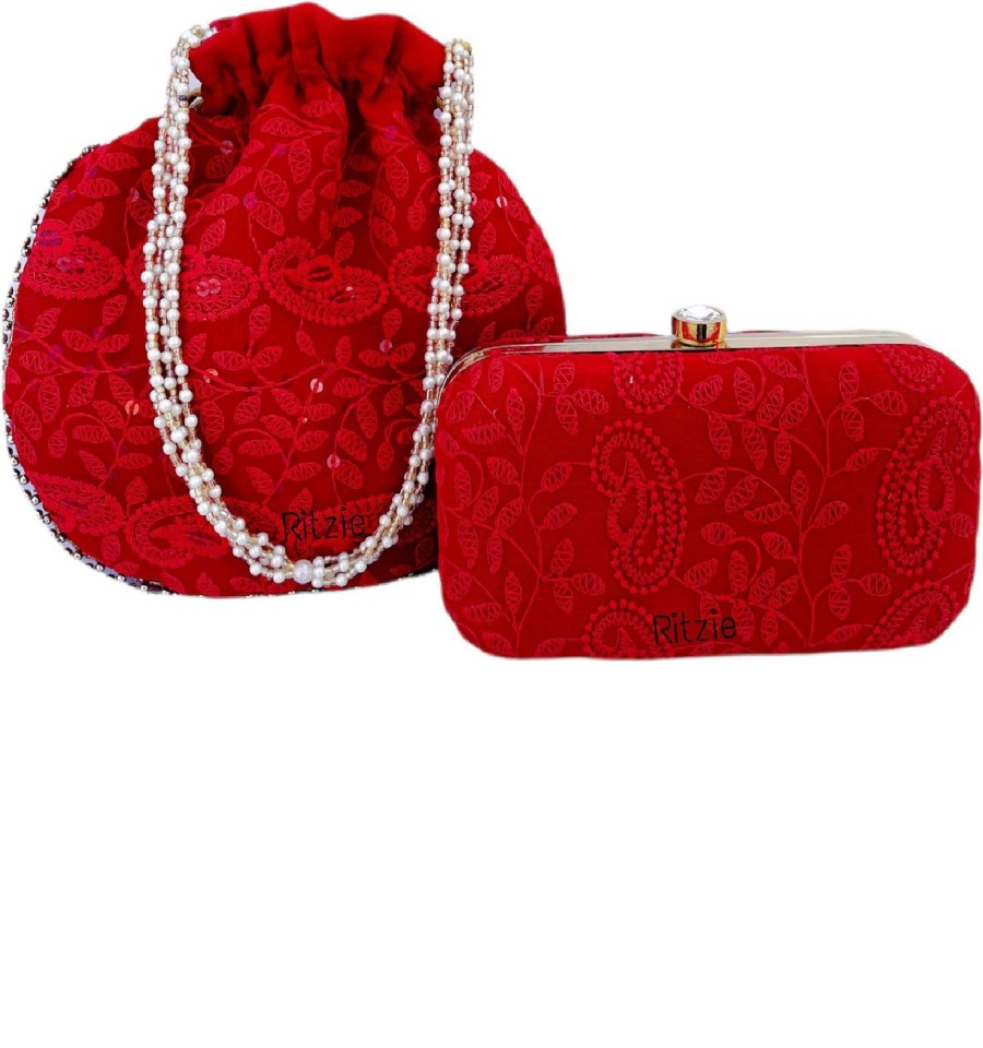 Others Ritzie | Women'S Chicken Kari Embroidery Boxclutch With Potli Red - Ritzie