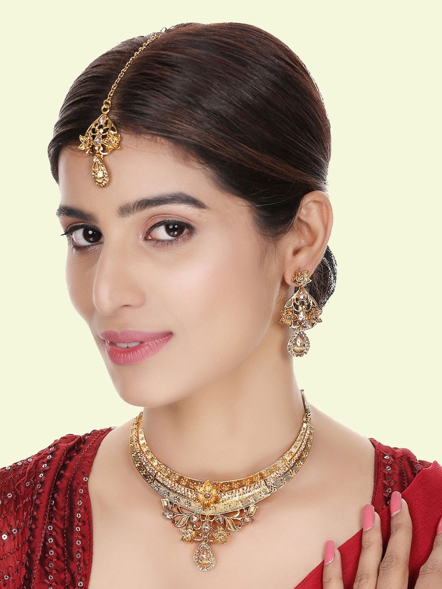 Jewellery Anikas Creation | Designer Gold Plated Traditional Matte Finish Necklace With Earring Maangtika - Anikas Creation Multicolor