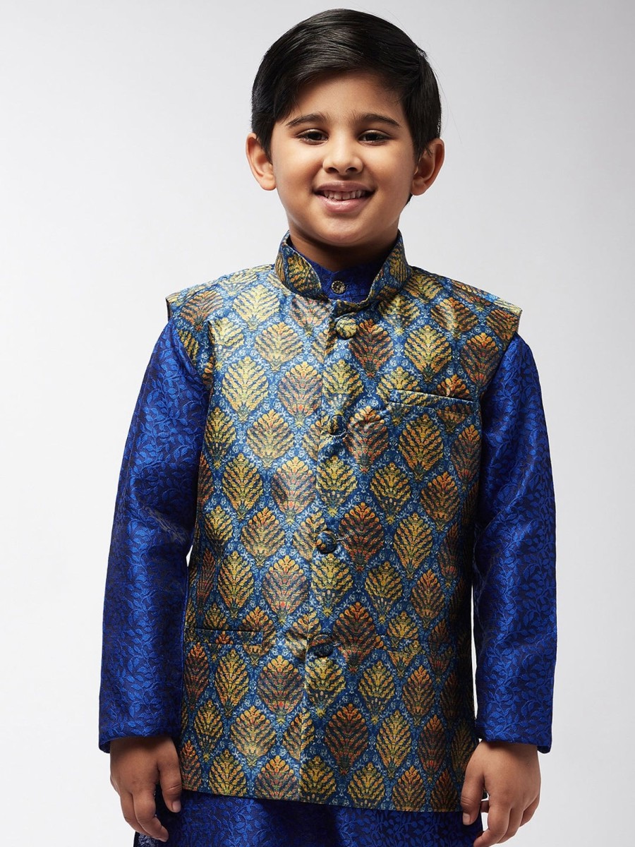 Men Sojanya KID | Kid'S Silk Blend Blue Printed Only Nehrujacket - Sojanya Kid Blue & Orange