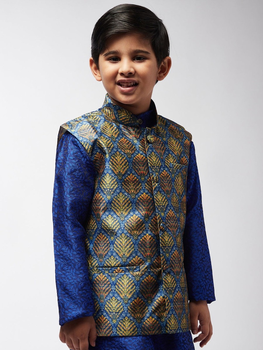 Men Sojanya KID | Kid'S Silk Blend Blue Printed Only Nehrujacket - Sojanya Kid Blue & Orange