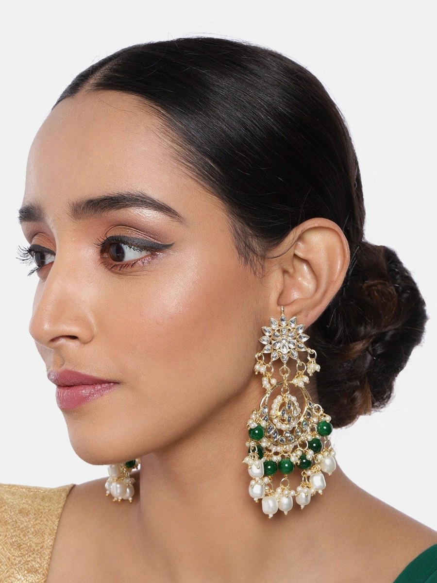 Jewellery I Jewels | Women'S Gold Plated Handcrafted Pearl Kundan Beaded Chandbali Earrings - I Jewels Green