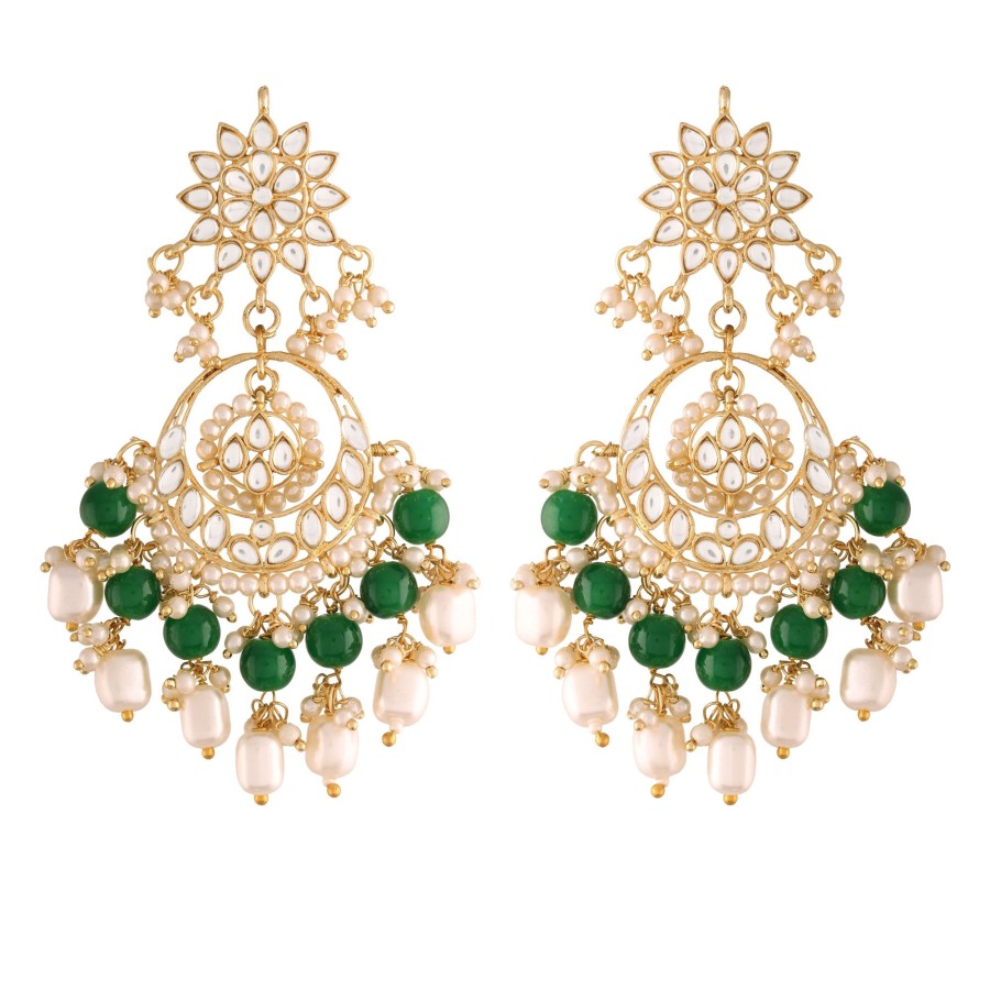 Jewellery I Jewels | Women'S Gold Plated Handcrafted Pearl Kundan Beaded Chandbali Earrings - I Jewels Green