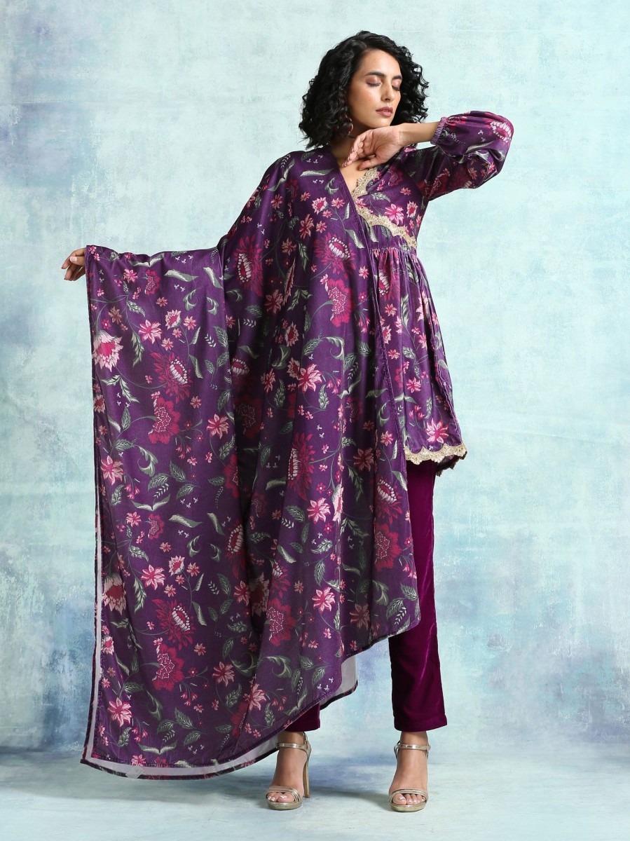 Women TrueBrowns | Women'S Printed Velvet Shawl - Truebrowns Wine