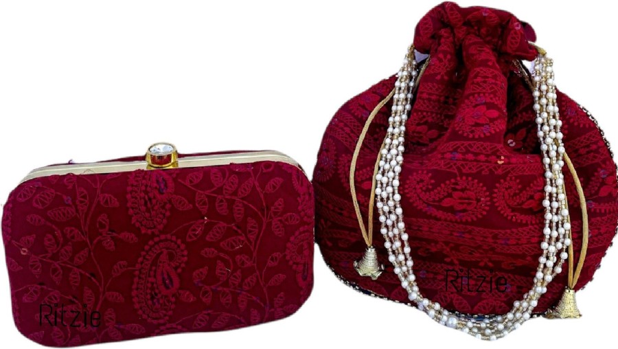 Others Ritzie | Women'S Chicken Kari Embroidery Boxclutch With Potli Maroon - Ritzie