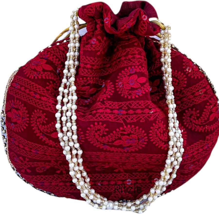 Others Ritzie | Women'S Chicken Kari Embroidery Boxclutch With Potli Maroon - Ritzie