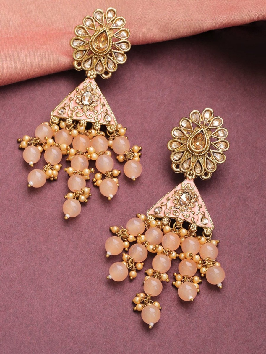 Jewellery Priyaasi | Women'S Gold-Plated Stone Studded Floral Patterned Meenakari Earrings With Beads Drop In Peach Color - Priyaasi