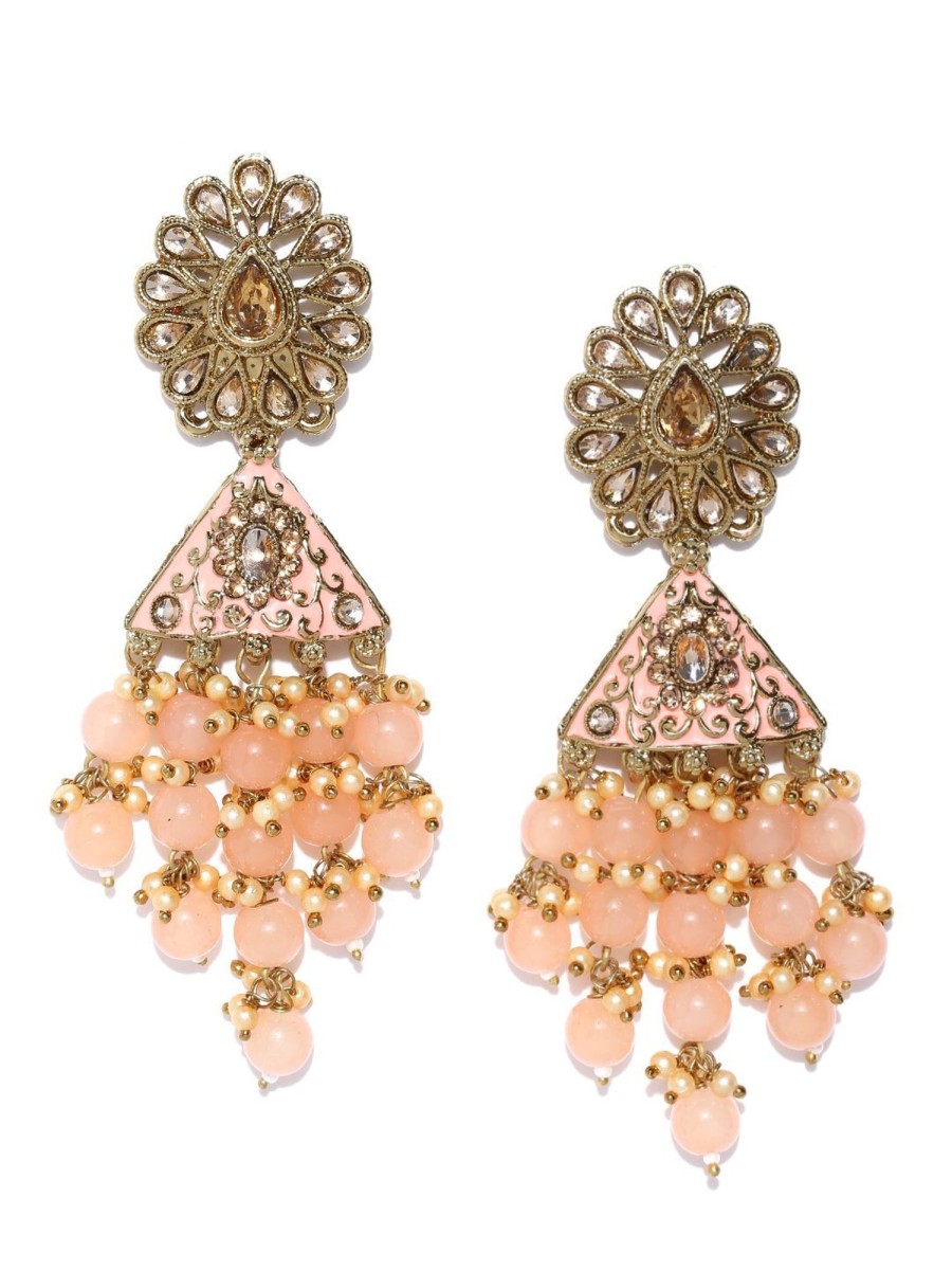 Jewellery Priyaasi | Women'S Gold-Plated Stone Studded Floral Patterned Meenakari Earrings With Beads Drop In Peach Color - Priyaasi