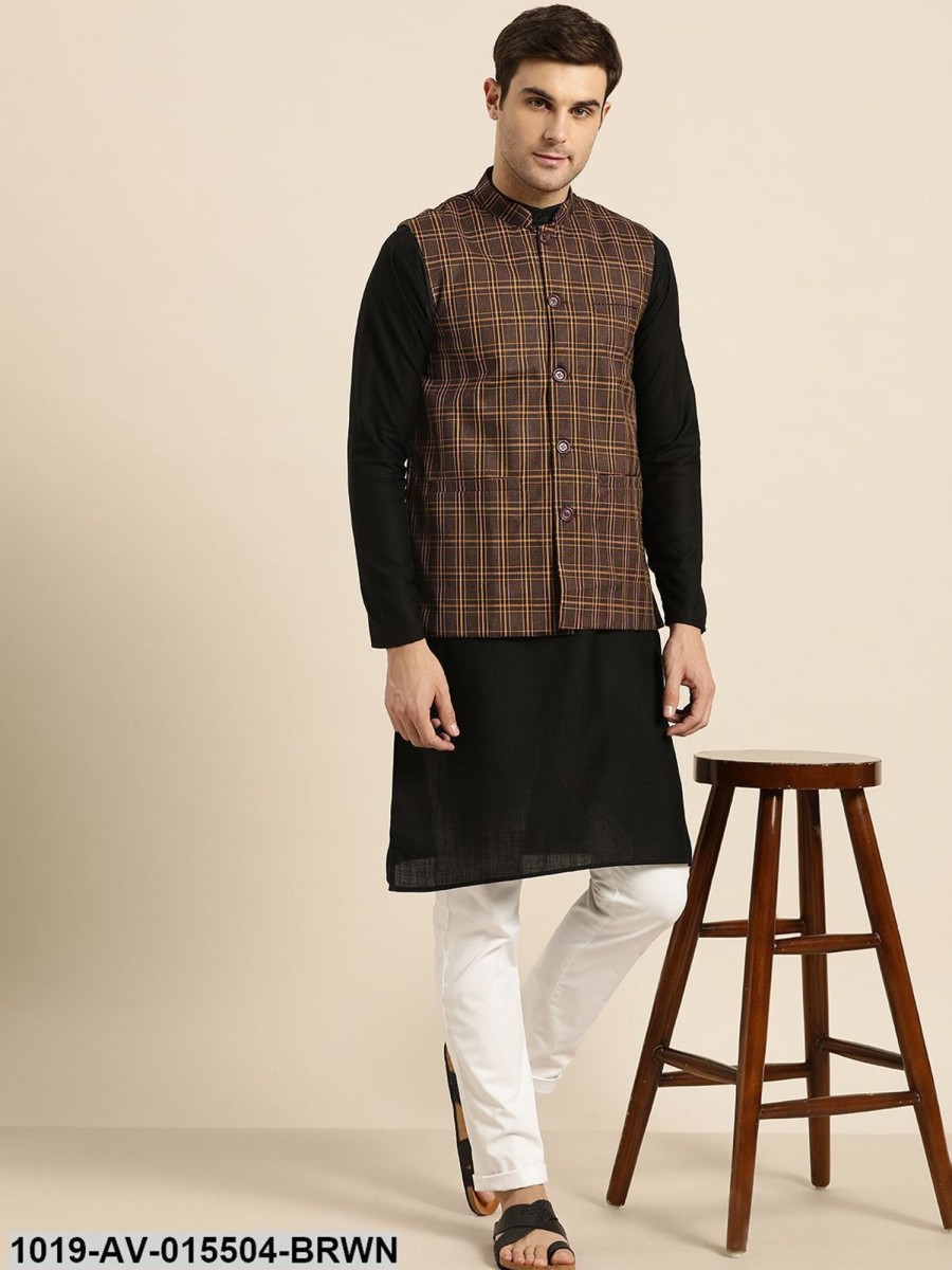 Men Sojanya | Men'S Cotton Blend Dark Brown U0026 Mustard Checked Nehru Jacket - Sojanya