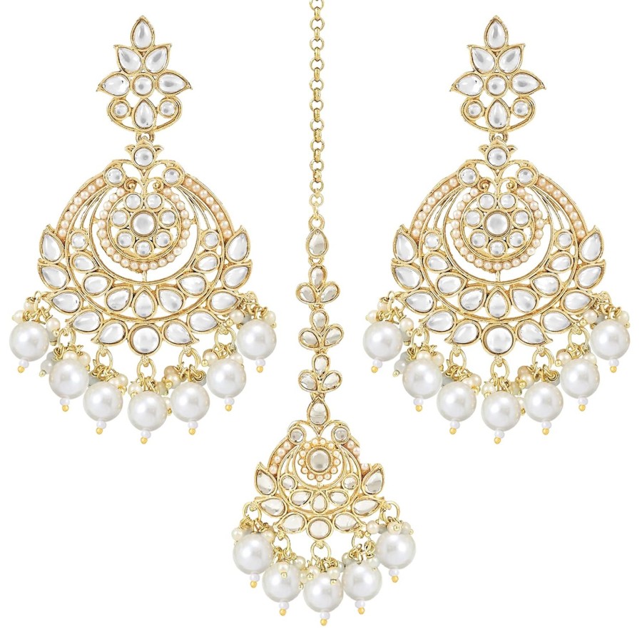 Jewellery I Jewels | Women'S Traditional Kundan U0026 Pearl Chandbali Earrings With Maang Tikka Set - I Jewels White